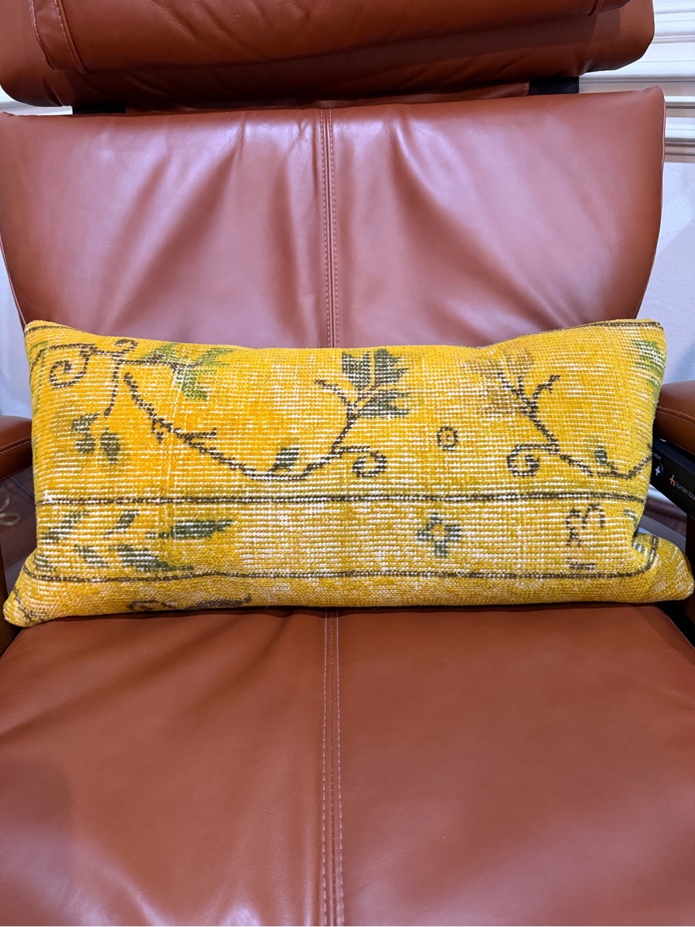 Turkish Rug Yellow Decorative Lumbar Pillow with Subtle Green Motif